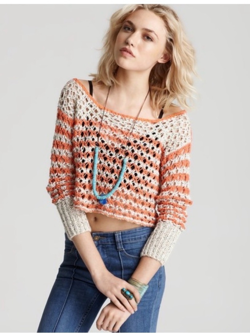 Free People boho Striped Open-Knit Cropped Sweater in Coral and Cream
